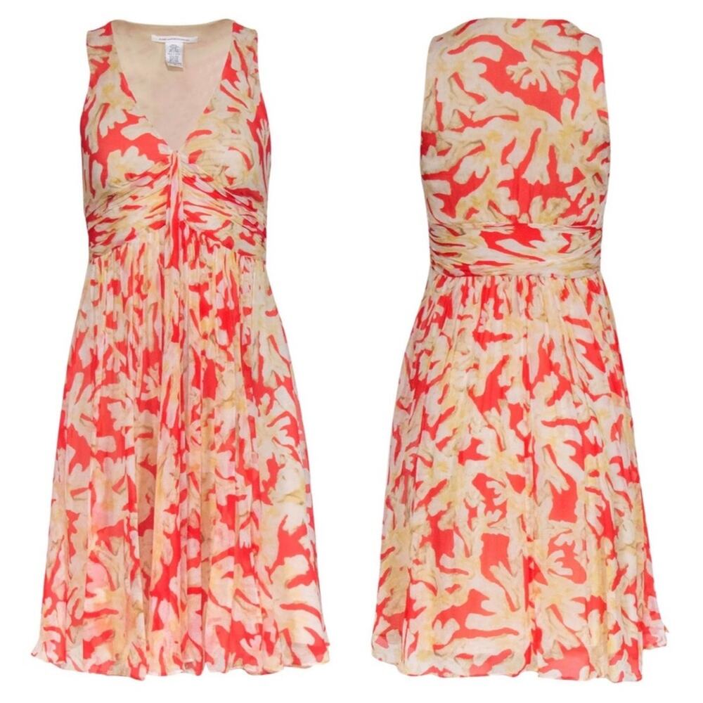 Diane Von Furstenberg 100% Silk Garden Floral Cocktail Dress Sleeveless Coral 4